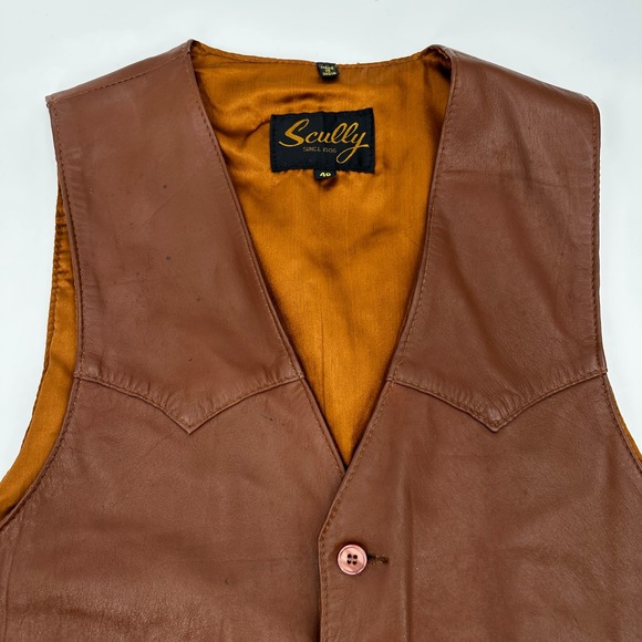 Scully Mens Genuine Leather Western Vest Brown Size 40 Pockets Button Front - Picture 2 of 14